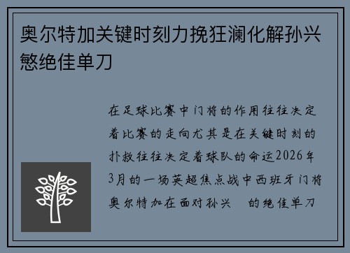 奥尔特加关键时刻力挽狂澜化解孙兴慜绝佳单刀 奥尔特加关键时刻力挽狂澜化解孙兴慜绝佳单刀